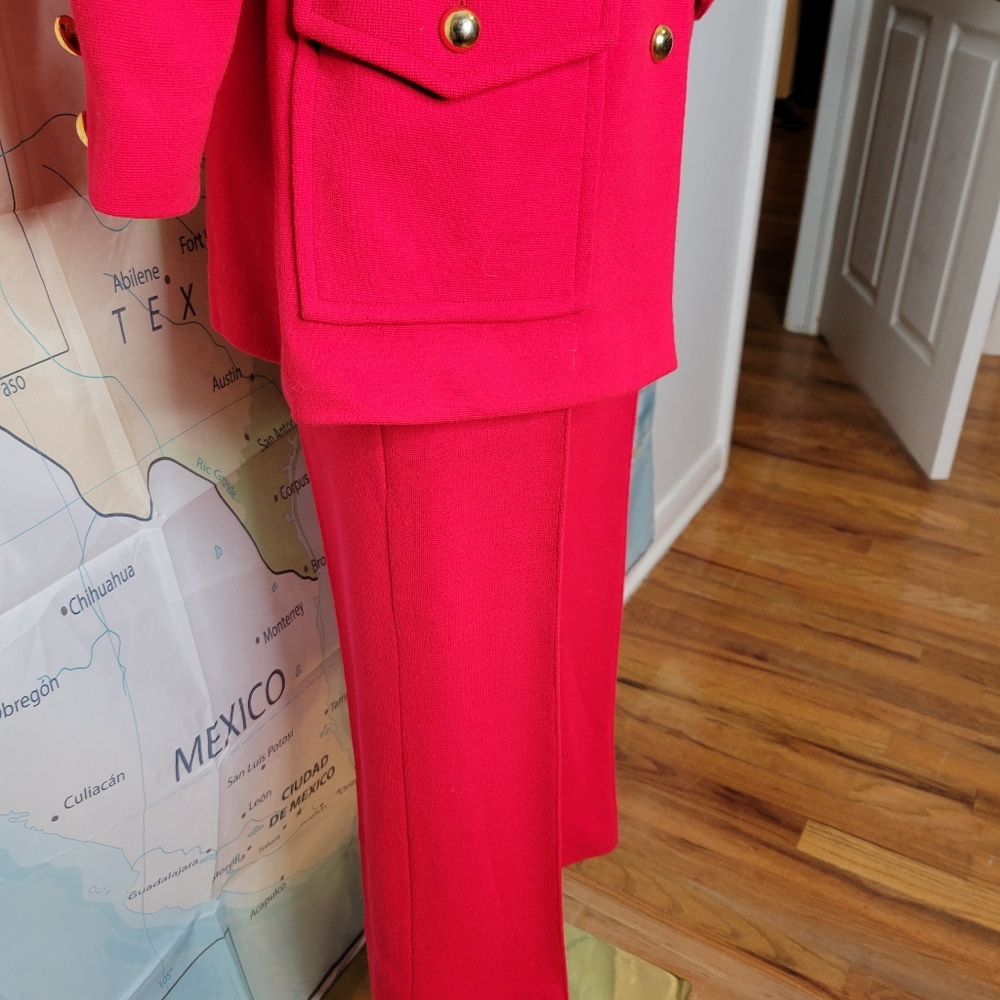 Vintage 1960s Sebastian Red Belted Jacket and Pant Suit With Gold Buttons Set - Picture 4 of 16